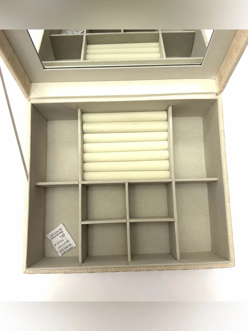 Linen-Effect Beige Jewelry Organizer Box with Mirror
